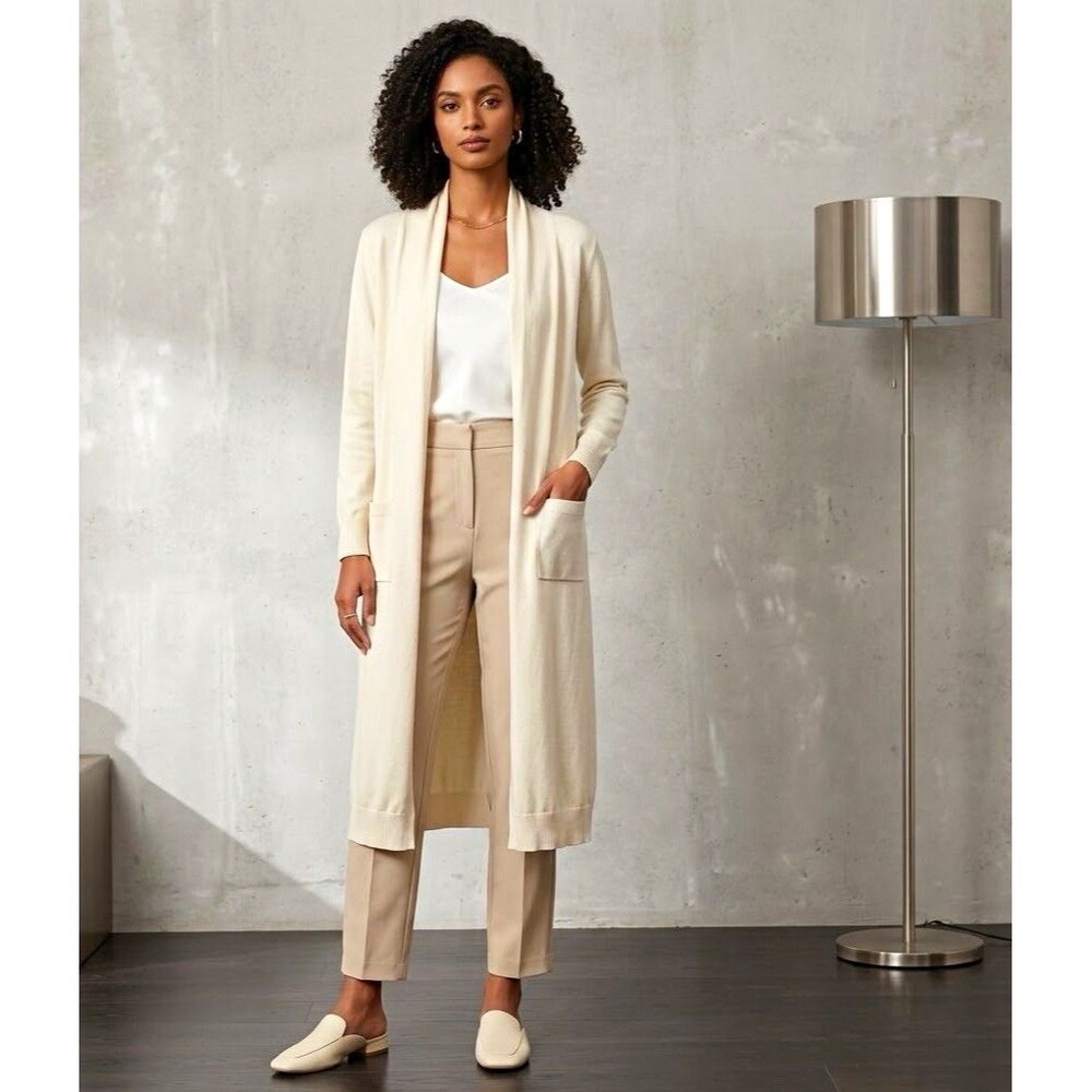 Grace Karin Cream Duster Cardigan 2XL Longline Open Front Knit Midi Pocket